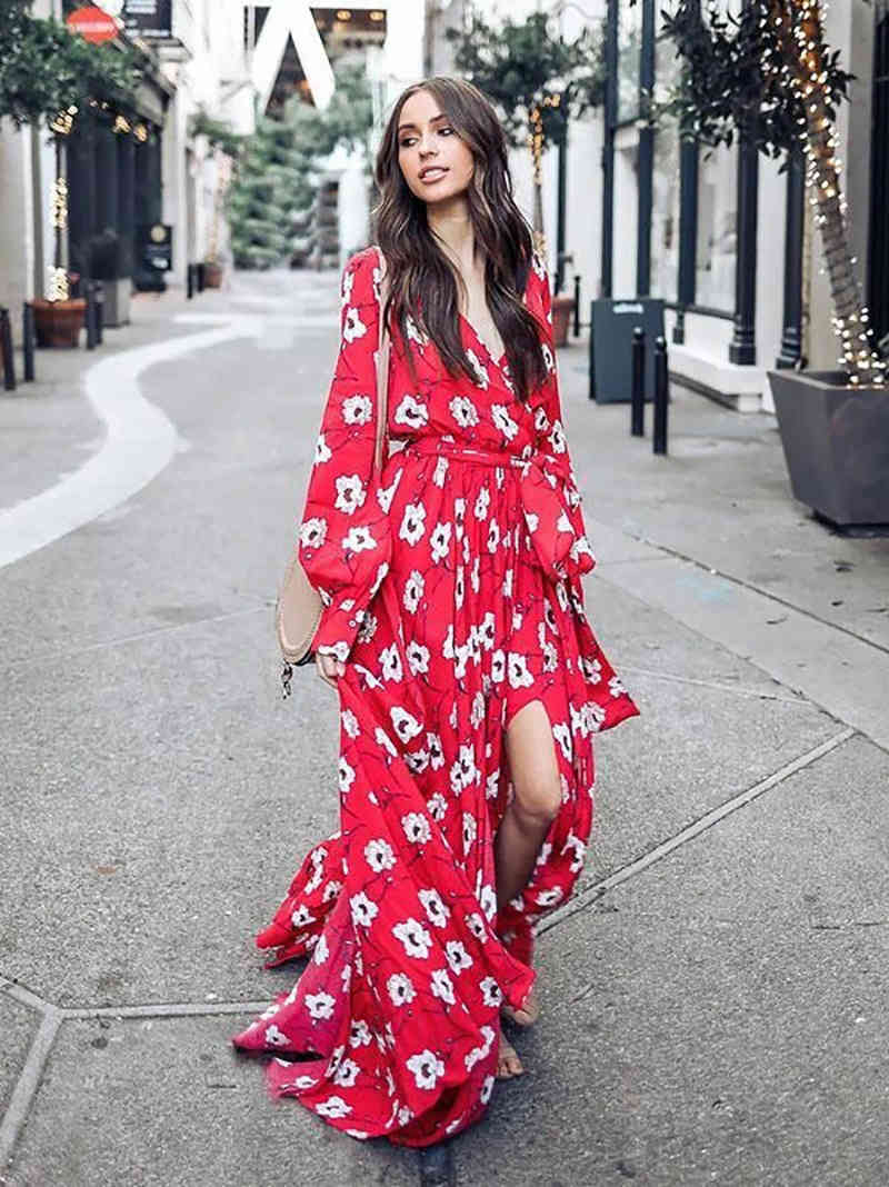 Women Dress Printed Bohemia es Sexy Long Print Floral Maxi Sleeve Lace Up Split Plus Size Summer es 210513