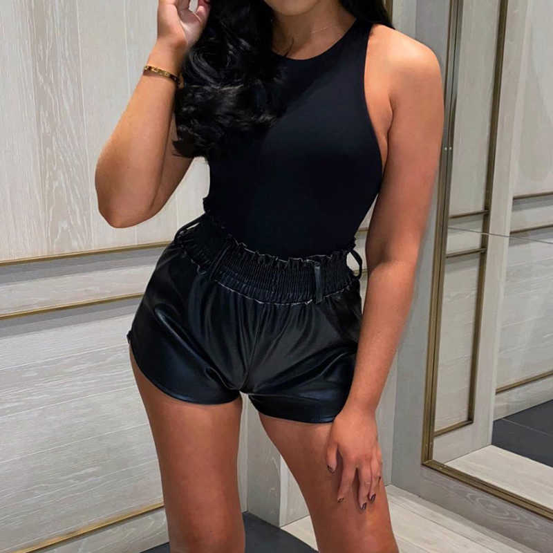 Black Faux Leather Biker Shorts Women Elastic High Waist Wide Leg Fashion Autumn Casual Ladies Sexy Femme 210714