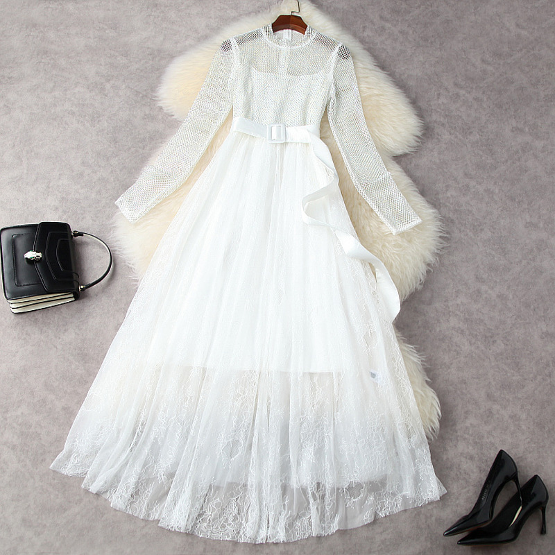 HIGH QUALITY Summer Women Elegant Long Sleeve Perspective Mesh Patchwork Lace Belt Diamond Hollow Out White Dress 210521
HIGH QUALITY Summer Women Elegant Long Sleeve Perspective Mesh Patchwork Lace Belt Diamond Hollow Out White Dress 210521