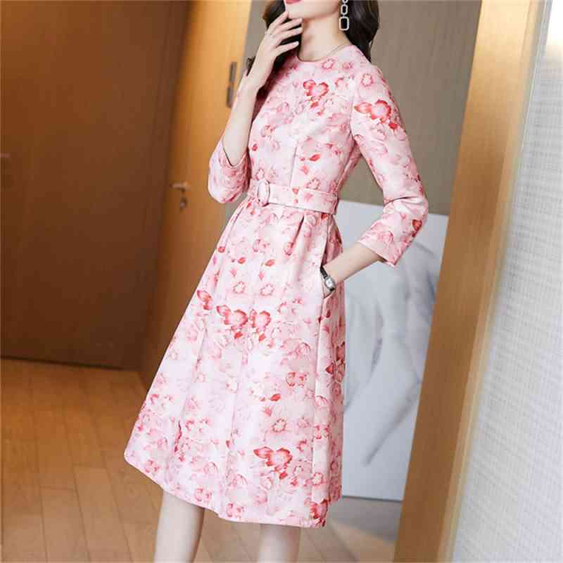 Women's Spring Runway Elegant Pink Dress Fashion O-Neck 3/4 Sleeve Print Slim Retro Dresses Vestdios 210519