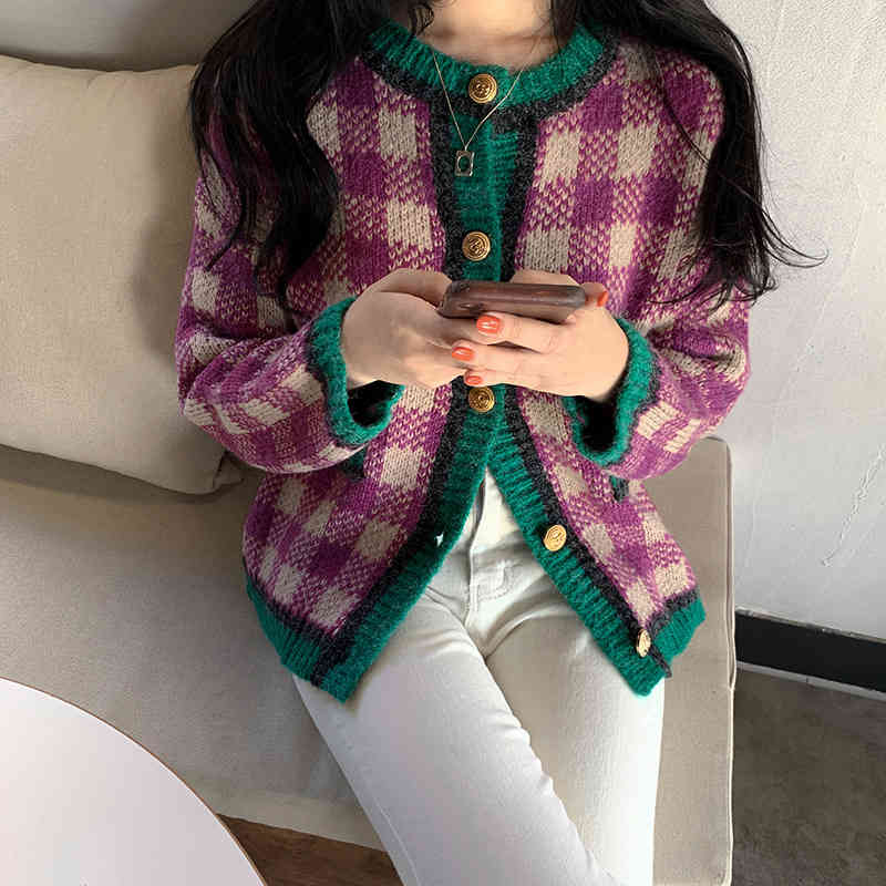 Korean Autumn Winter Knitted Sweaters Lady Vintage Plaid Knit Cardigan Female Fashion Sweater Coat for Women Clothing 210506