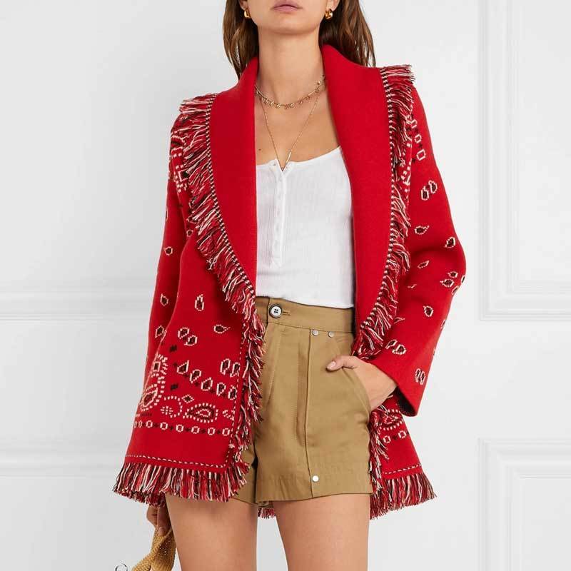 Red Cashmere Blend Fringed Cardigan Oversized Long Sleeve Bohemian Winter Coat 2024 - Geometric Jacquard, V-Neck, Open B3
