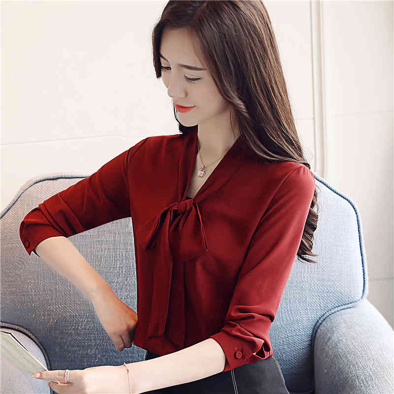 arrived women blouse autumn wear long sleeves bow tie Ribbon chiffon Korean style top slim blusa 1022 40 210506