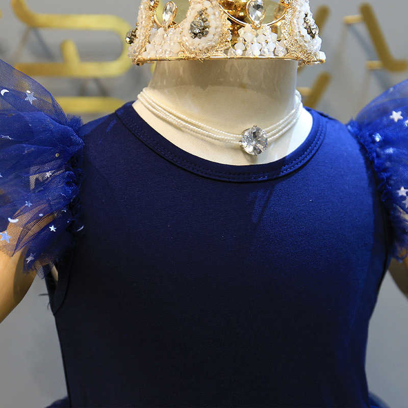 Girls Navy Sequins Stars Dress for Kids Tutu Princess Vestido Clothing Outfit Little 2-6yrs 210529
