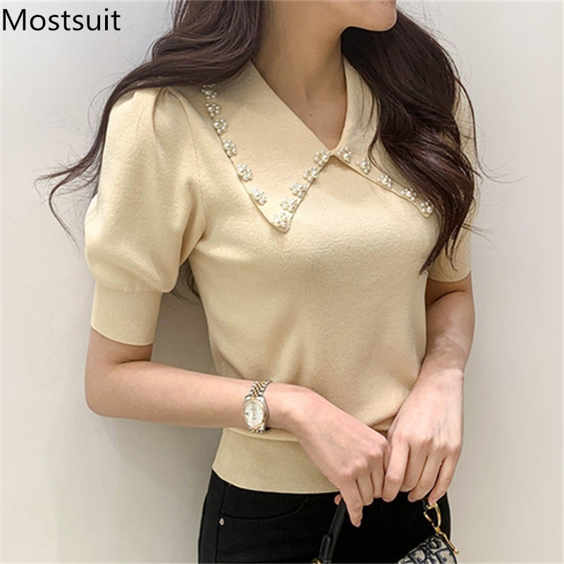 Pearl Beading Knitted T Shirt Tops Women Summer Short Sleeve Turn-down Collar Pullover Solid Slim Korean Fashion Female T-shirt 210514