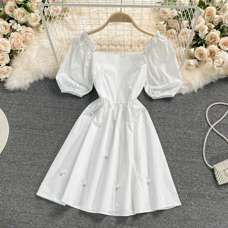 Woman Dress Korean Beads Slim High Waist A-line Dresses Sweet Puff Sleeve Square Collar Vestidos Feminimos 6H301 210603