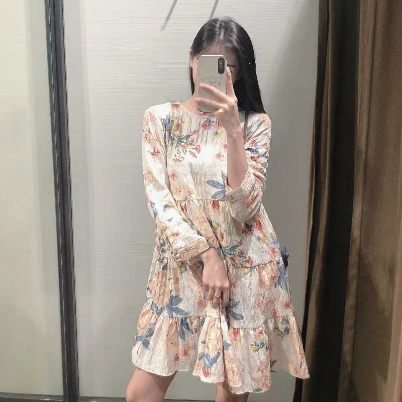 LVWOMN Dress Women Printed Pleated Mini Dresses Female O neck Long Sleeve Loose Vintage Dress Fashion Summer Boho Vestidos 210630