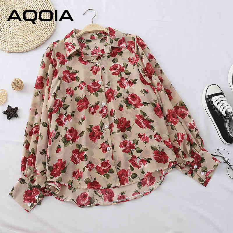 AQOIA Long Sleeve Floral Women Chiffon Shirt Button Up Vintage Turn Down Collar Blouse Spring Office Lady Blouses 210521