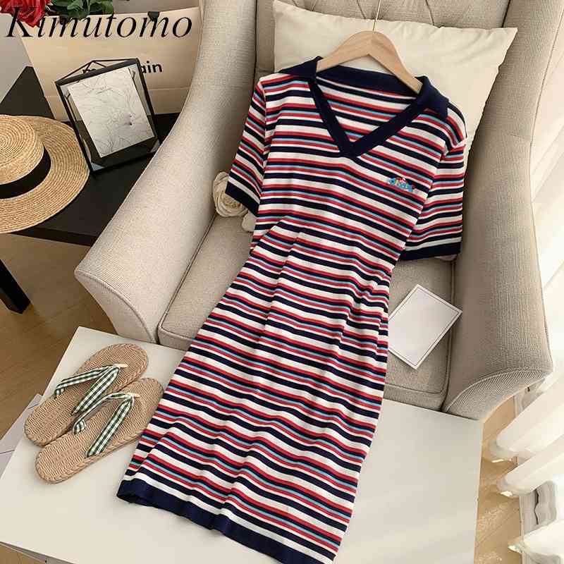 Kimutomo Color Contrast Striped Dress Women Embroidery Elegant Short Sleeve Turn-down Collar High Waist Vestidos Summer 210521
Kimutomo Color Contrast Striped Dress Women Embroidery Elegant Short Sleeve Turn-down Collar High Waist Vestidos Summer 210521