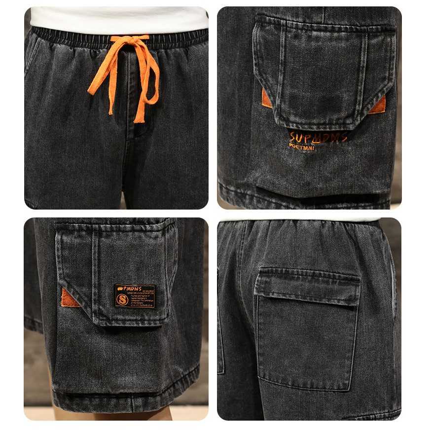 Men Denim Shorts Streetwear Elastic Waist Breeches Bermuda Male Big Pocket Casual Half Jean Summer Fashion Cargo 210629
