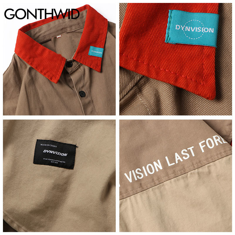 GONTHWID Color Block Patchwork Long Sleeve Dress Shirts Harajuku Casual Button Down Shirt Men Fashion Hip Hop Streetwear Tops 210410
