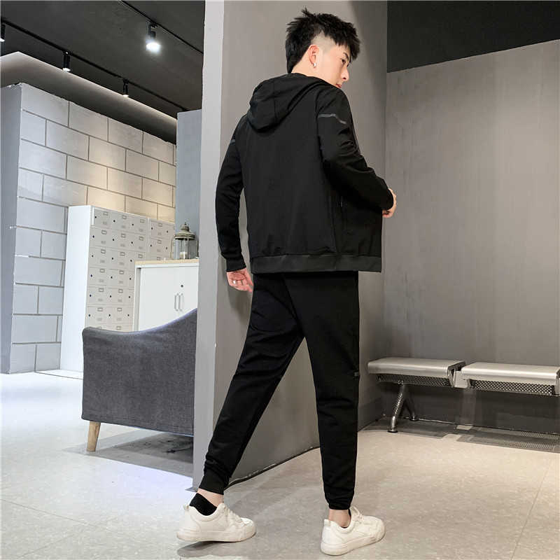Mens Set Solid Color Coat 2 Piece Mens Jacket+Trousers Japanese Style Hip Hop Casual Sweatshirts Streetwear Hoodies Harajuku Men 210603