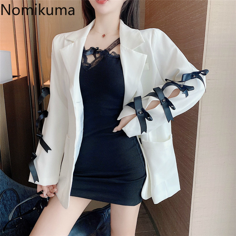 Nomikuma Women Blazer Coat Korean Bowknot Patchwork Hollow-out Suit Jacket Causal Notched Collar Long Sleeve Blazer Femme 6D395 210427