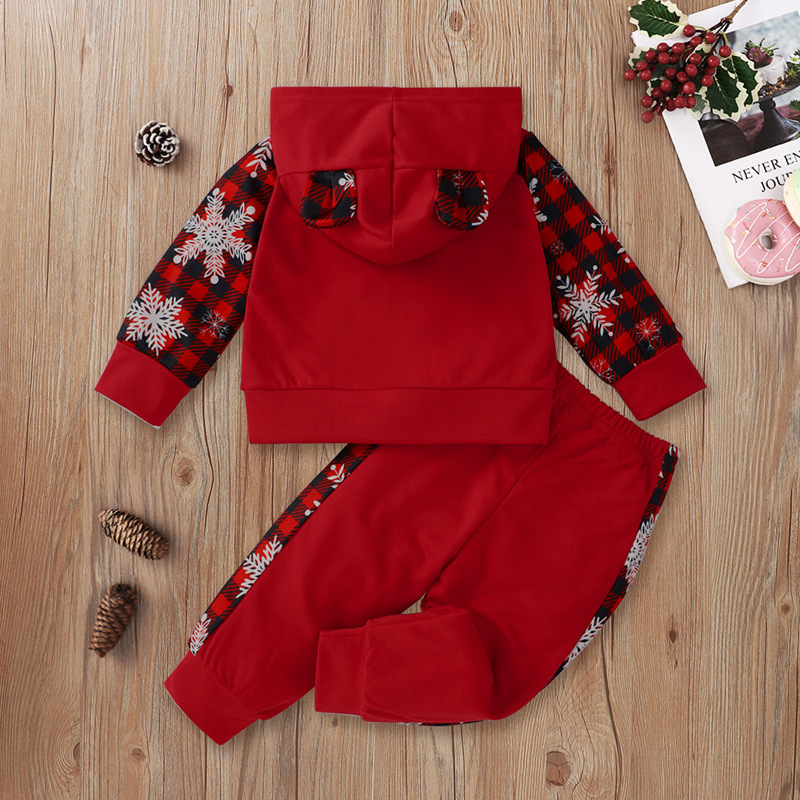 Xmas Newborn Girls Clothes Sets Spring Autumn Fashion Girl Outfits Red Checked Hooded Long Sleeved Snowflake Printed Bady Suit Kids Clothing