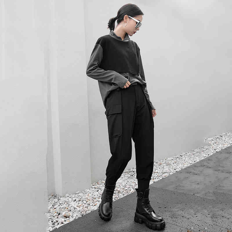 EAM Women Gray Contrast Color Big Size Irregular Tshirt Turtleneck Long Sleeve Fashion Spring Autumn 1DB350 210406