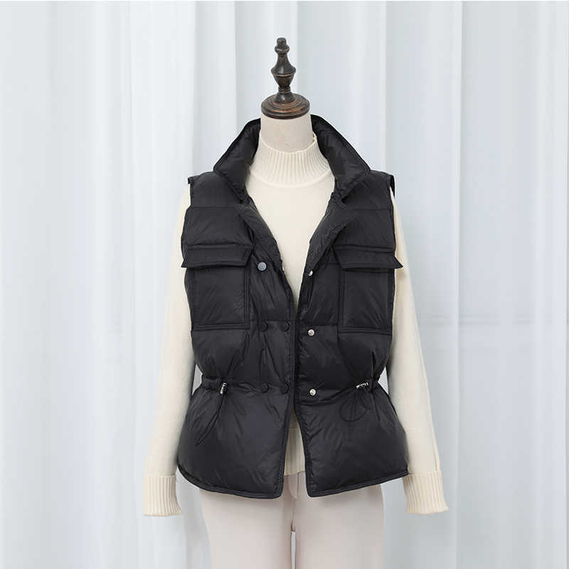LY VAREY LIN Down Coats Vest Women Winter Pockets Drawstring Stand Collar Sleeveless Double Breasted Loose Short 210526