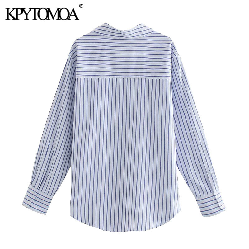 KPYTOMOA Women Fashion Office Wear Striped Loose Blouses Vintage Long Sleeve Pockets Female Shirts Chic Tops 210401