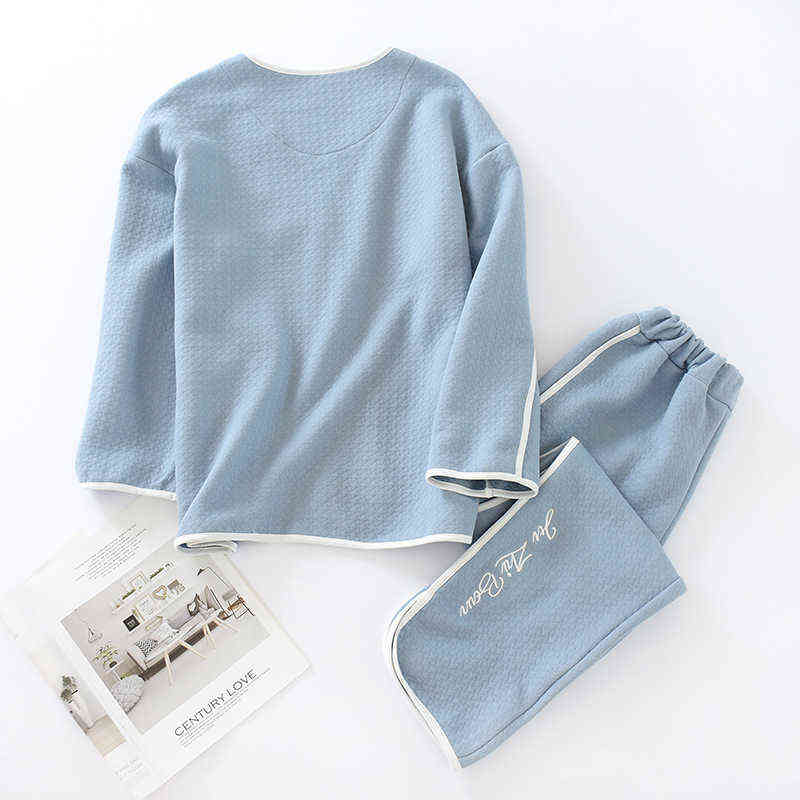 Autumn and Winter Leisure Tops Women's Long-Sleeved Trousers Cotton Thick Air Layer Solid Color Warm Simple Pajamas Set 211109