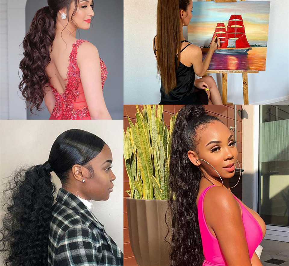 Long Wavy Ponytail Human Hair Wrap On & Drawstring Clip in Hairpiece Black Wave Extension African American Pony Tail for Women 140g