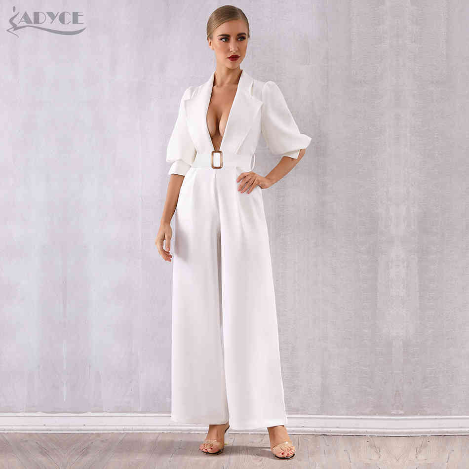 White Celebrity Runway Jumpsuit Women Sexy Deep V-Neck Long Sleeve Sashes Rompers Bodycon Bodysuits 210423