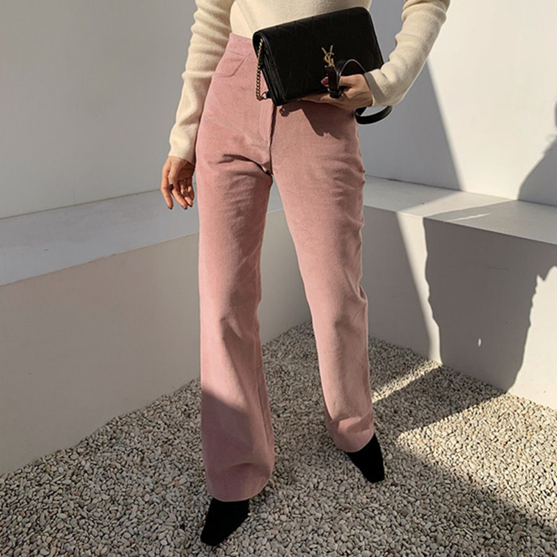 Spring Autumn Elegant High Waist Flare Pants Women Bottoms OL Work Wear Corduroy Solid Loose Trousers 210421
