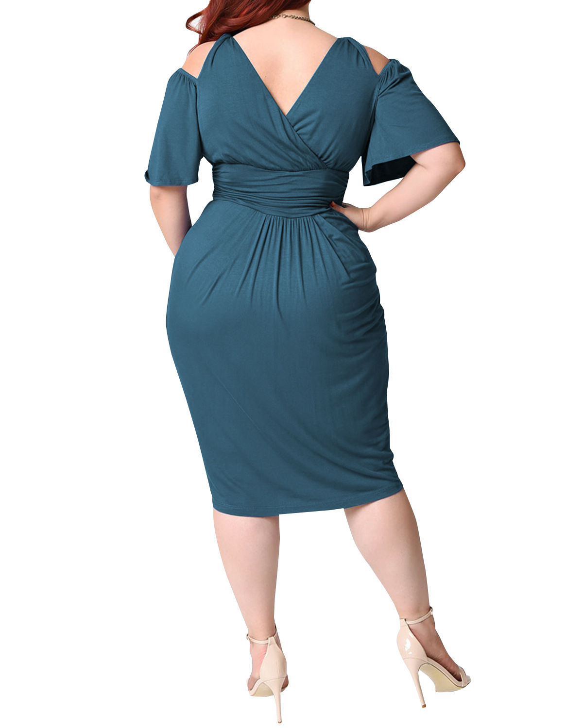 Summer New Sexy Dress For Fat Female Plus Size Vintage Dress Women Blue Deep V Neck Hollow Out Tight Slim Midi Dress L-5XL 210331