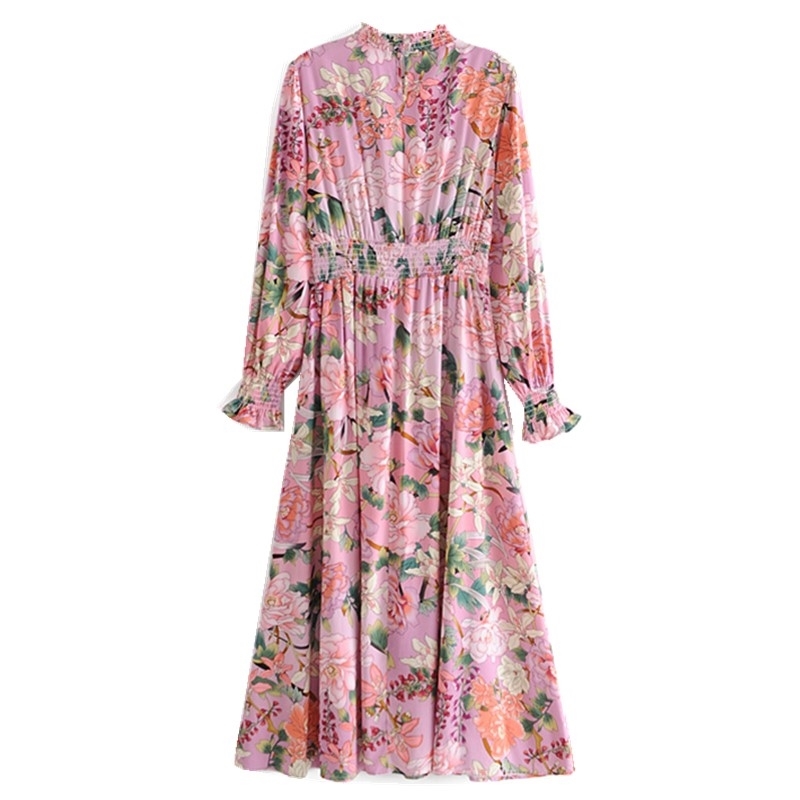 Bohemia Elastic Ruched Turtleneck Pink Floral Print Swing Long Dress Hippie Women Stretch Waist Midi Dresses Holiday Autumn 210429