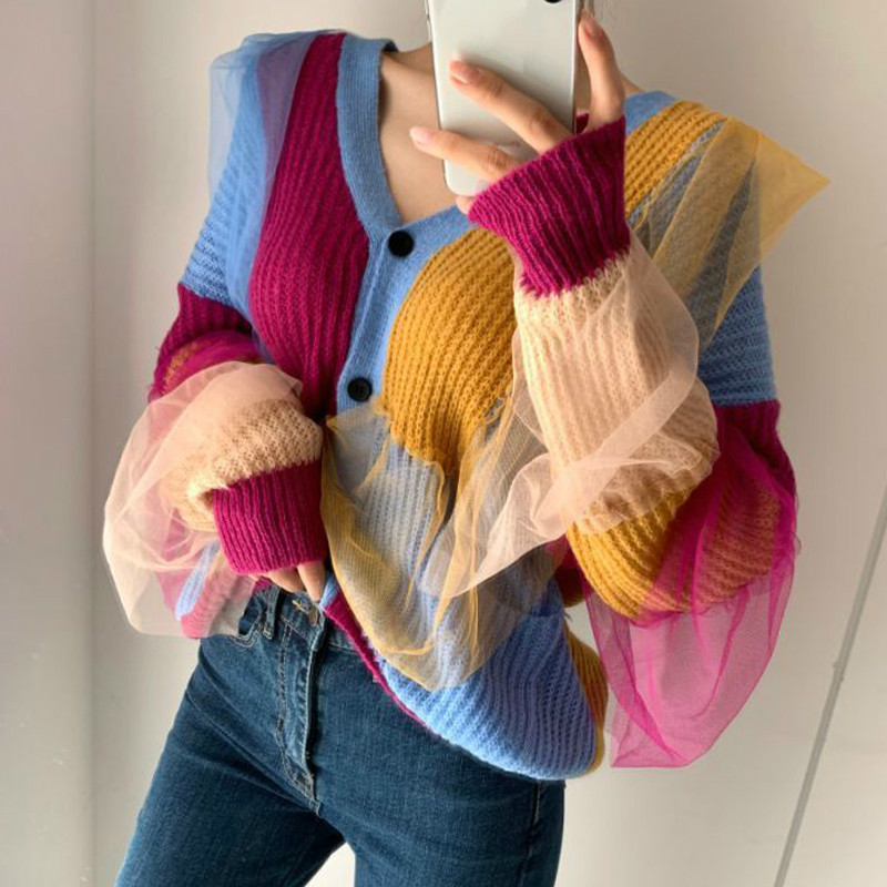 Nomikuma Mesh Ruffle Patchwork Sweater Coat Causal V-neck Hit Color Knitted Cardigan Autumn Winter Korean Knitwear 6D266 210427
