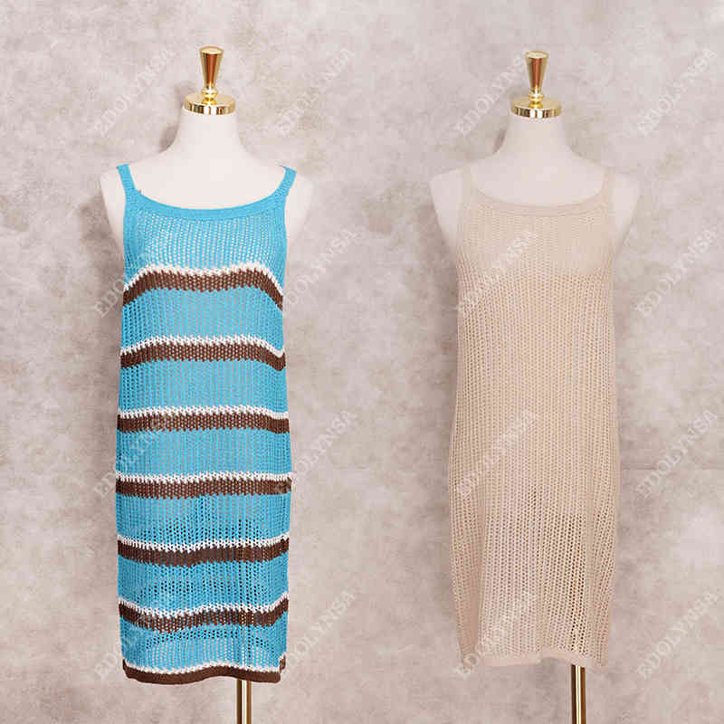 Sexy Striped Bikini Cover-ups Blue Crochet Tunic Elegant Sleeveless Women Summer Dress Beach Wear Swim Suit Cover Up Q1255 210420
