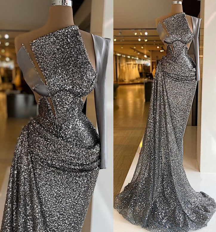 2022 Plus Size Arabic Aso Ebi Grey Sparkly Sexy Prom Dresses Beaded Sequined Evening Formal Party Second Reception Gowns Dress ZJ220