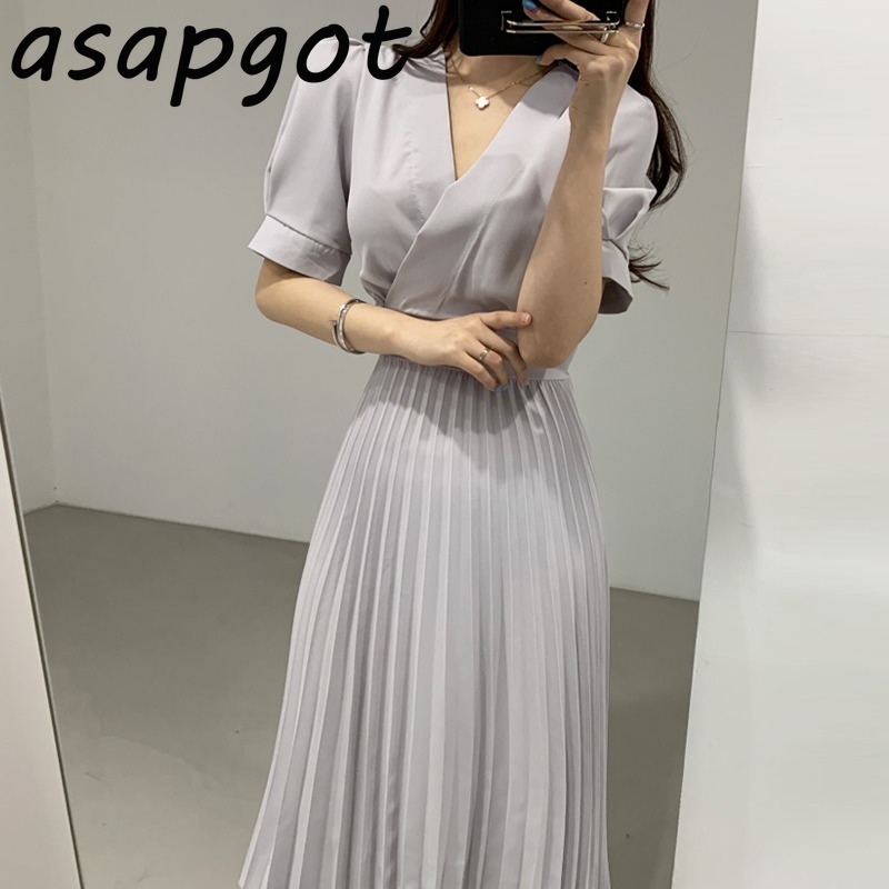 Korean Chic Summer Solid Oversize V Neck Bandage Waist Short Sleeve Pleated Dress Women Vestidos De Mujer Elegant Temperament 210429