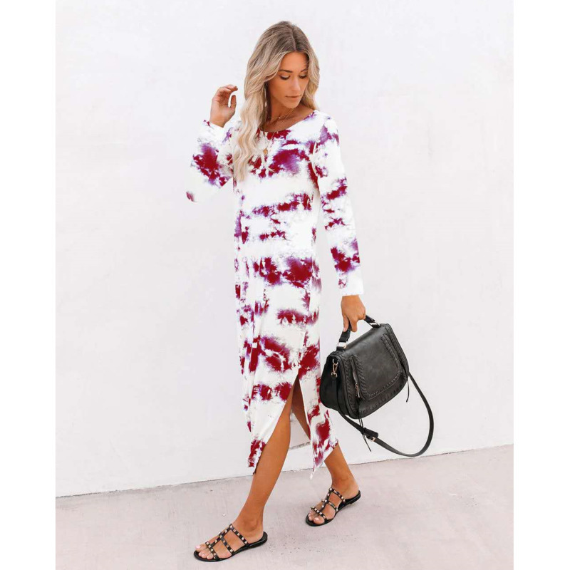 Women's Tie-dyed Printing Dress Gradient Color Round Neck Long Sleeve Vestidos Autumn Chic Casual Elegant Split Dresses 210524