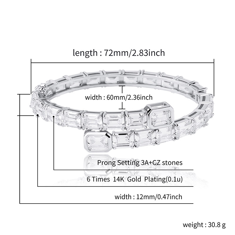 New Fashion Iced Out Baguette Cubic Zirconia Adjustable Bangle Women's Bracelet Hip Hop Charm Jewelry Valentine Day Punk Party Gift for Women and