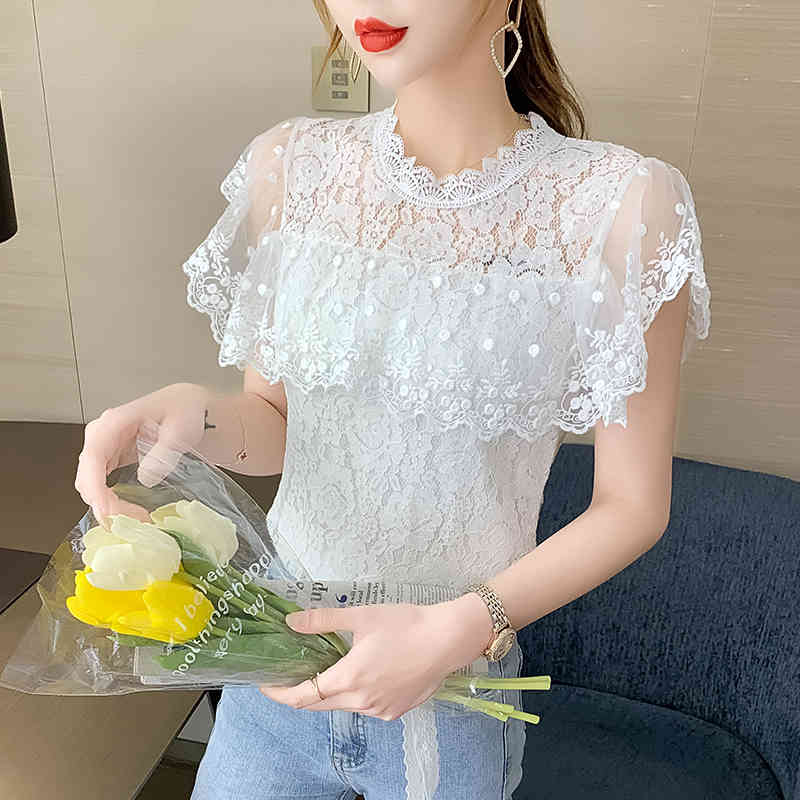 Blusas Mujer De Moda Blouse For Women White Blouse Ruffles Hollow Lace Blouse Short Top For Women White Shirts 210515