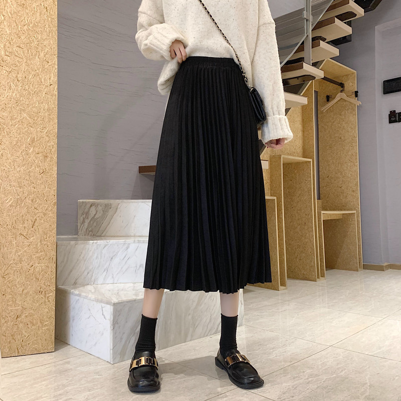 Women Pleated Suede Leather Long Skirts Winter Elastic High Waist Casual A-Line Mid Length Skirt Female Mujer Faldas 210514