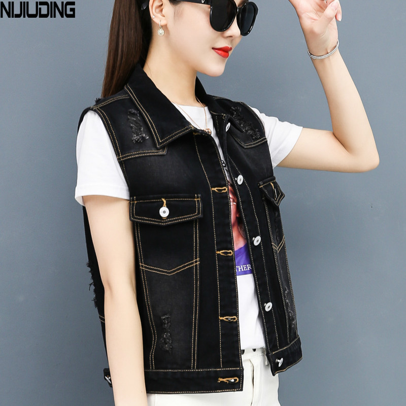 Autumn Women's Denim Vests Coat Sleeveless Casual Turn-down Collar Loose Hole Vest Tops Female Short Jackets 210514