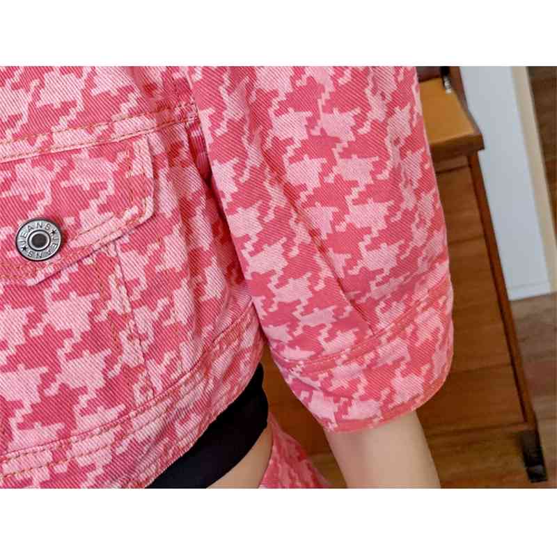 Elegant Women 2 Piece Set Korean Lady Pink Plaid Denim Sexy Short Jacket + High Waist Mini Skirt Fashion Suit 210519