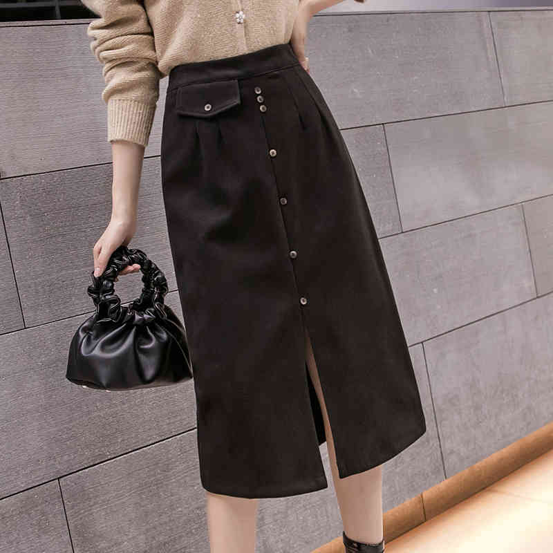 High Waist Slim Mid-length Fashion Woolen H-line Skirt Female Side Slit Single Breaste Hip Woman Faldas 12132 210508