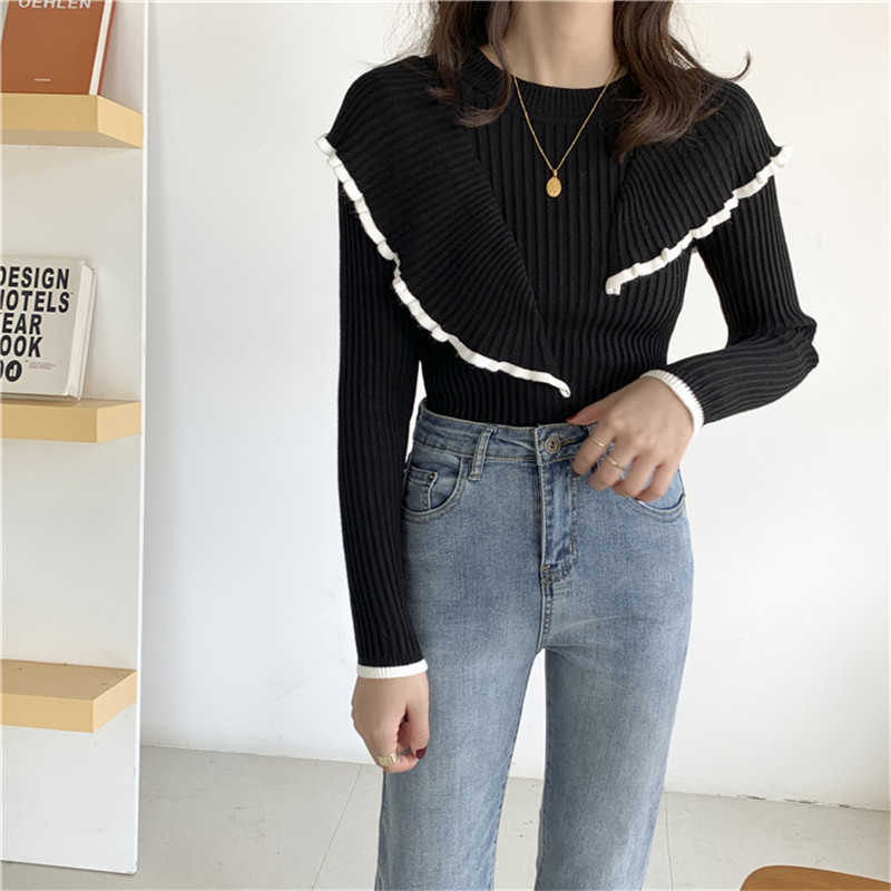 HziriP OL Basic Bottoming Knit Sweater Korean Style Flounced Stitching Pullover Sweaters Slim Warm Thick Knitted Tops 211018