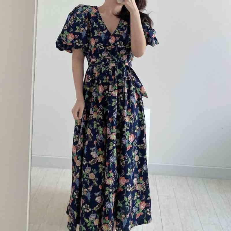 Nomikuma Korean Floral Dresses for Women Elegant Bandage Slim Waist Dress Puff Short Sleeve V-neck A-line Vestidos Femme 6H450 210427