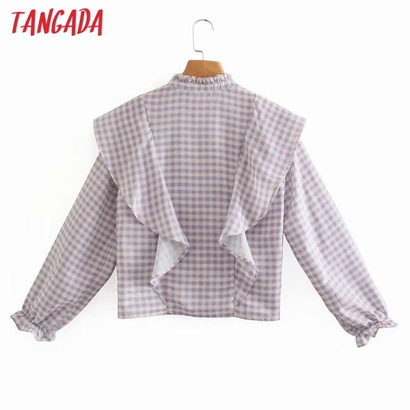Women Retro Plaid Print Ruffles Crop Long Sleeve Chic Female Short Blouse Shirt Tops XN316 210416