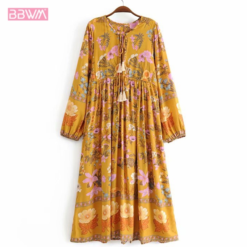 V-neck Vacation Style Waist Tassel Female Dress Solanum Print Long-sleeved Seaside Beach Female Dress Summer 210507