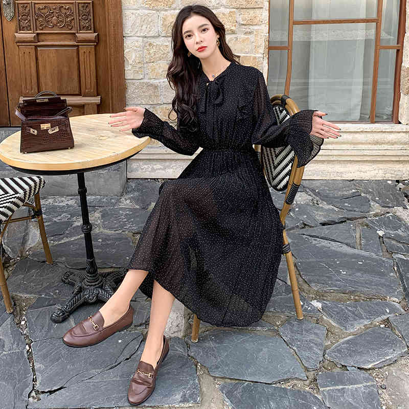 Autumn Women Vintage High Waist Pleated Dress Elegant Polka Dot Chiffon es Black Bow Collar Vestidos 11185 210427