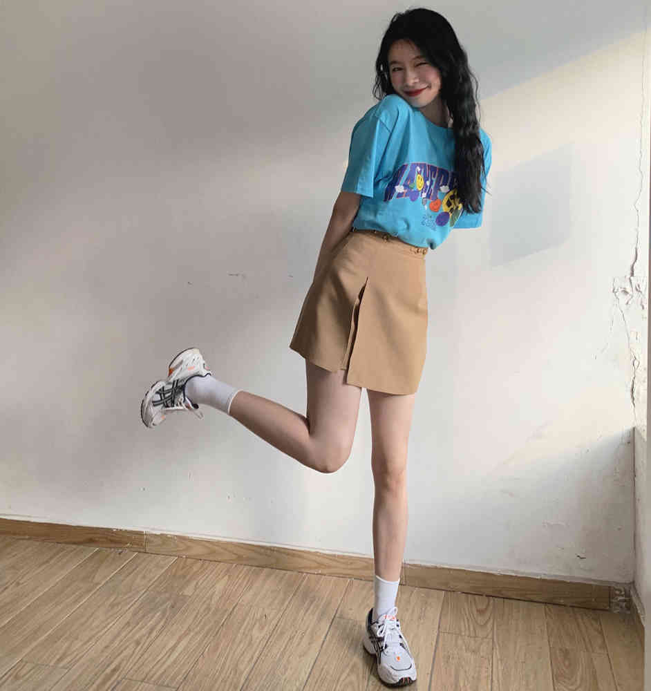 summer a-line half-length skirt female high-waist temperament is thinner split ends reduce age all-match shorts 210429