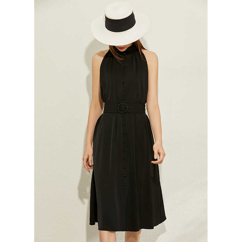 Minimalism Spring Summer Fashion Solid Halter Women Dress Sleeveless Aline Loose Belt Female Knee-length 12070176 210527
