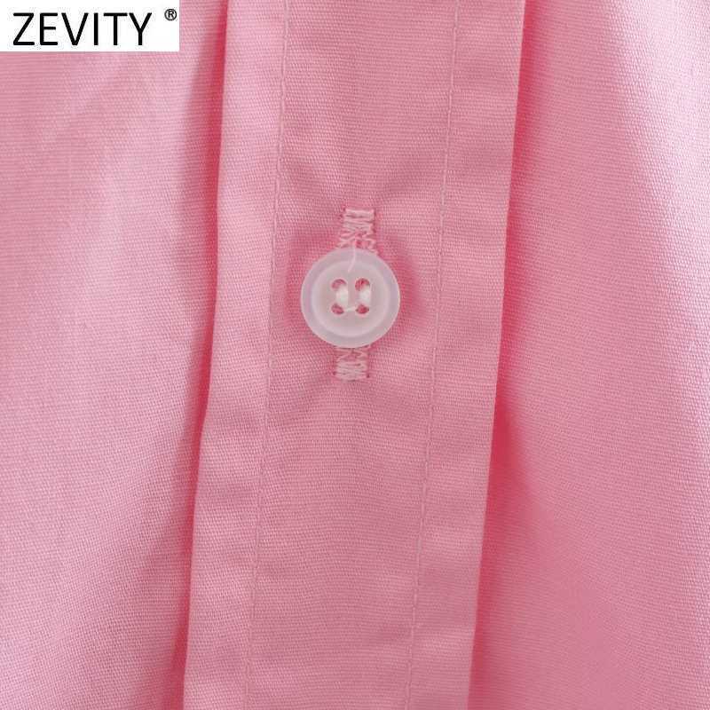 Zevity Women Simply Single Breasted Poplin Pink Shirt Office Lady Long Sleeve Business Blouse Roupas Chic Blusas Tops LS9288 210603
