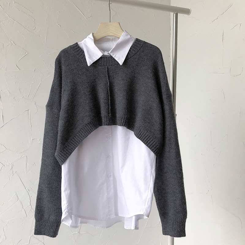 Nomikuma Spring New Women 2pieces Suits Long Sleeve Causal Solid Blouse + Super Short Knitted Pullovers Korean Sets 6E094 210427