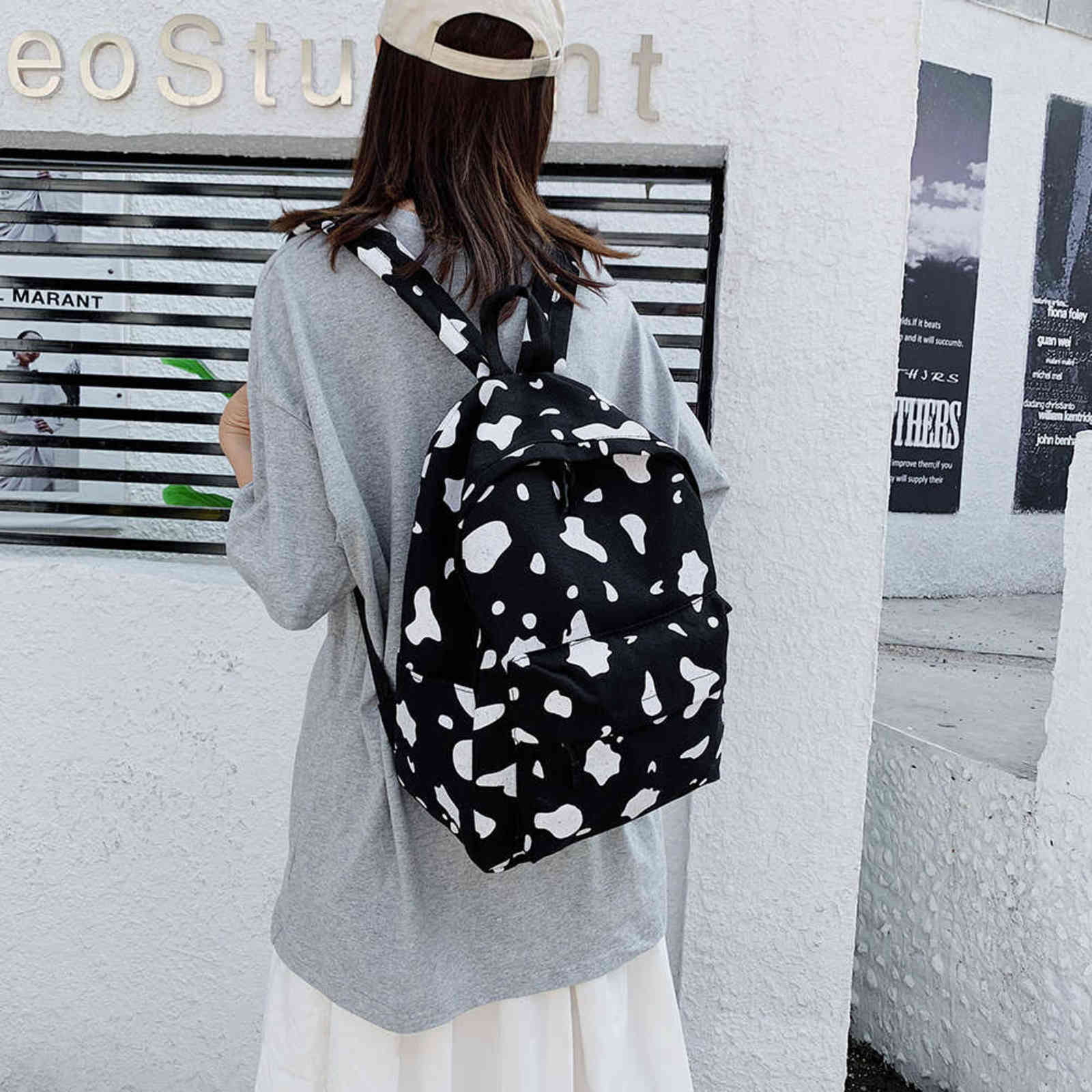 Cow Milk Print Canvas Backpack Women Students Girls Daily Casual Bag Large Capacity Shoulder School Bag 2021 Fashion Popular Y1105