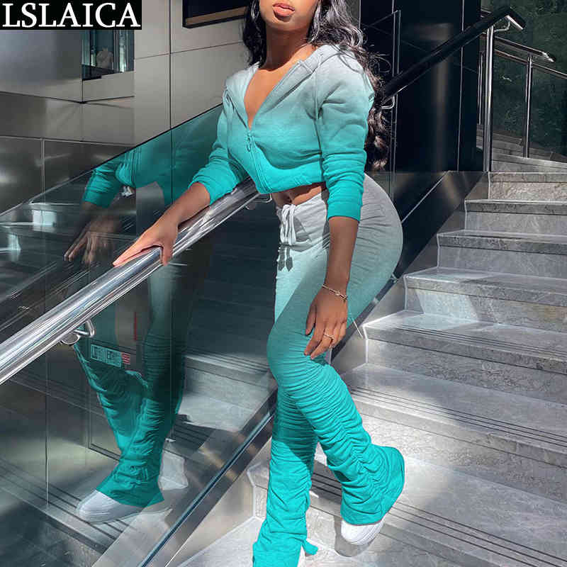 Tie Dye Print Two Piece Set Fall Clothes for Women Casual Tracksuit Hooded Zipper Crop Top Stacked Pants Fashion Streetwear 210520
