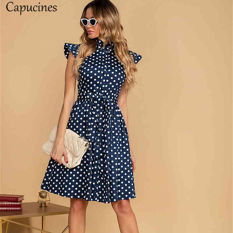Capucines Ladies Vintage Ruffles Stand Collar Summer Dress Polka Dot Print Single Breasted Sashes A line Mini Dresses For Women 210409
